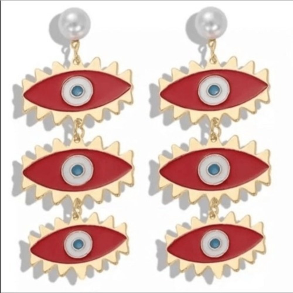 Evil Eye Dangle Earrings Women Red Gold Blue White Pearl Statement‎
